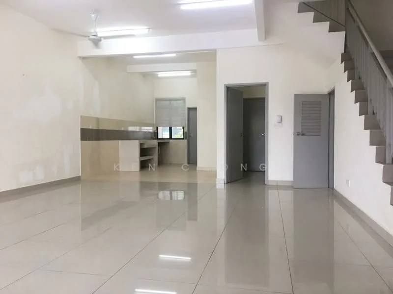 Living features: glossy tile flooring, white painted walls, ceiling fan, large windows, open layout, neutral color scheme, staircase visible, recessed lighting; style: modern. Kitchen features: laminate cabinetry, countertop with backsplash, sink, window above sink; style: modern.