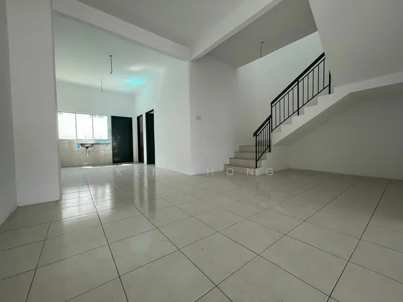Living features: white painted walls, glossy ceramic tile flooring, large windows with natural light, staircase with black railing, open layout, high ceiling, unfurnished space, neutral color scheme; style: modern. Kitchen features: white tiled backsplash, single-bowl sink, black cabinetry, countertop space, window above sink; style: modern.
