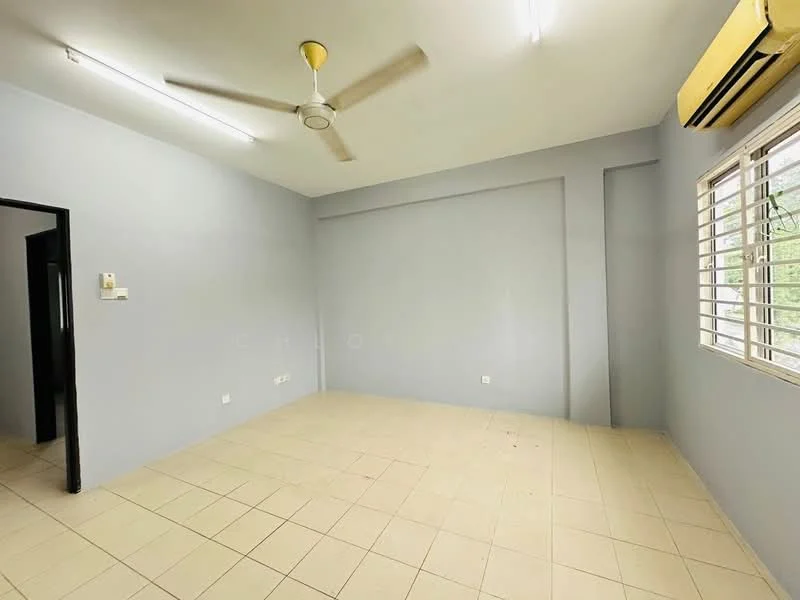 Room features: grey painted walls, tile flooring, ceiling fan, wall-mounted air conditioning unit, window with horizontal slats, fluorescent ceiling lights.