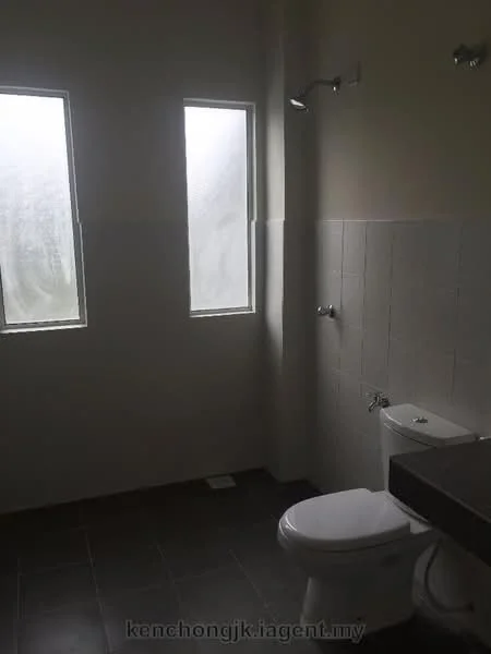 Bathroom features: white tiled walls, grey tiled flooring, two windows, one-piece toilet, wall-mounted faucet, sink with countertop, shower fixture, light fixture.