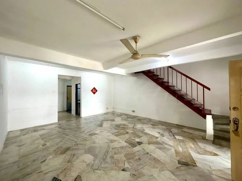 Room features: marble flooring, white painted walls, ceiling fan, staircase with red railing, open layout, natural light from windows, no visible furniture, high ceiling; style: modern.