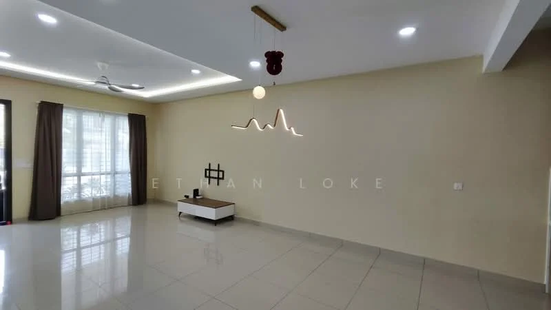 Living features: cream painted walls, glossy tile flooring, 5-blade ceiling fan with light, recessed downlights, pendant light fixture, large sliding glass door, floor-to-ceiling windows with sheer curtains, TV console, decorative wall art; style: modern.