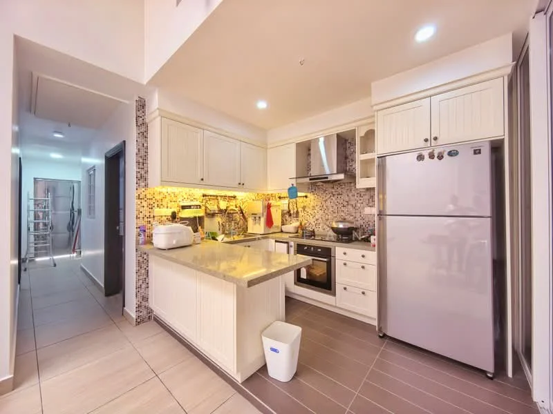Kitchen features: white shaker cabinets, grey granite countertop, stainless-steel single-bowl sink, chrome pull-down faucet, built-in oven, freestanding range oven, stainless-steel fridge, mosaic tile backsplash, under-cabinet lighting, recessed downlights, tile flooring, open shelving, kitchen island with seating; style: modern. Room features: tile flooring, white walls, doorway leading to hallway.