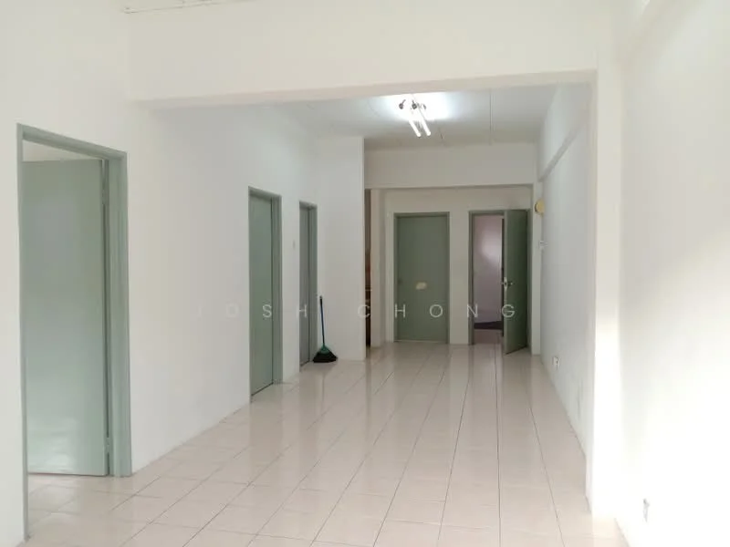 Room features: white painted walls, glossy tile flooring, ceiling lights, multiple doorways, neutral color scheme, open layout, no visible furniture, clean and uncluttered space; style: minimalist.