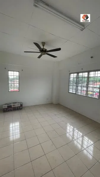 Room features: white painted walls, ceiling fan, square tile flooring, multiple windows, natural light, light fixture, corner space, neutral color scheme.