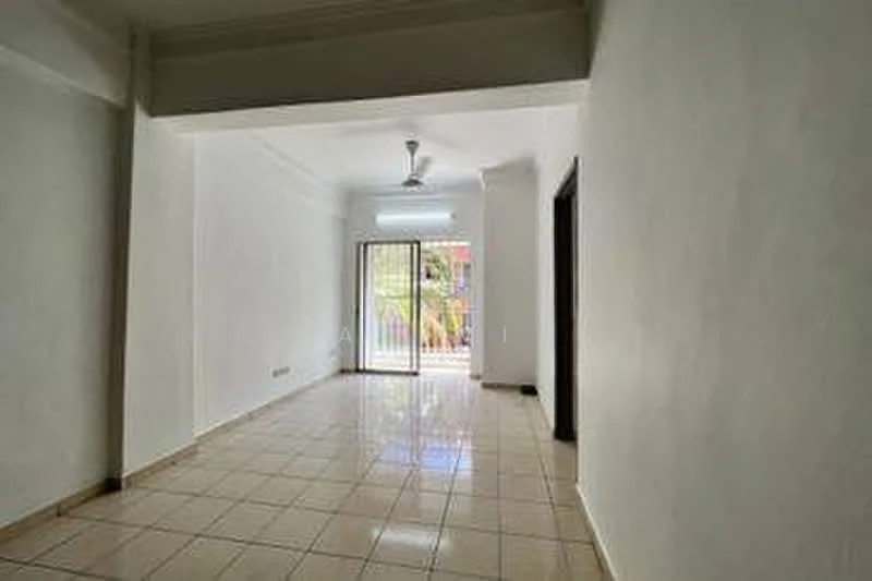 Living features: white painted walls, glossy ceramic tile flooring, ceiling fan, sliding glass door, floor-to-ceiling windows, natural light from windows, neutral color scheme, open layout; style: modern; view: garden.