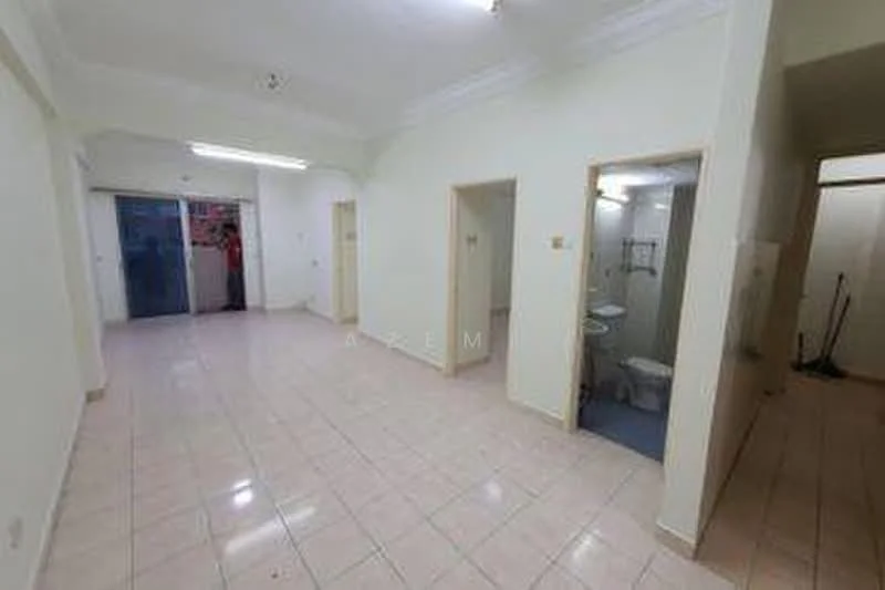 Room features: white painted walls, cream tiled flooring, ceiling with crown moulding, multiple doorways, bathroom visible, light fixtures on ceiling, open layout, windows for natural light.