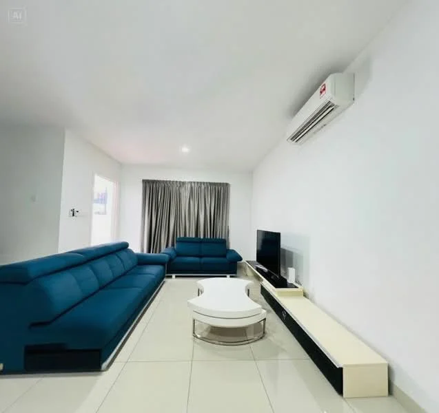 Living features: L-shape sectional sofa in teal, coffee table with circular top, TV console with storage, wall-mounted TV, floor-to-ceiling windows with sheer curtains, white painted walls, polished tile flooring, 1 wall-mounted split AC, recessed downlights; style: modern.