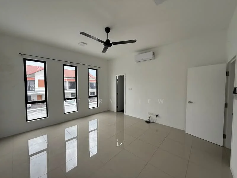 Living features: white painted walls, glossy ceramic tile flooring, 5-blade ceiling fan with light, floor-to-ceiling windows, sliding glass door, wall-mounted split AC, neutral decor, no visible furniture; style: modern.