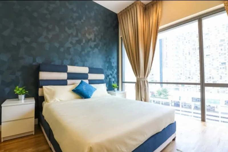 Bedroom features: king-size bed, upholstered headboard with striped design, white bedding, decorative blue cushion, two white bedside tables, table lamps on each side, large floor-to-ceiling windows, curtains in light beige, wooden flooring, accent wall with textured blue paint, indoor plants on bedside tables; style: modern; view: city.