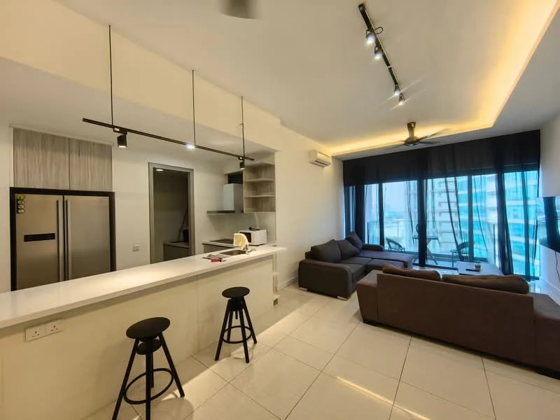Kitchen features: white quartz countertop, stainless-steel fridge, built-in cabinetry, pendant lighting, bar seating with 2 black stools; style: modern. Living features: L-shape sectional sofa in brown, coffee table, wall-mounted TV, floor-to-ceiling windows, blackout curtains, recessed LED downlights, ceiling fan; style: modern; view: city.