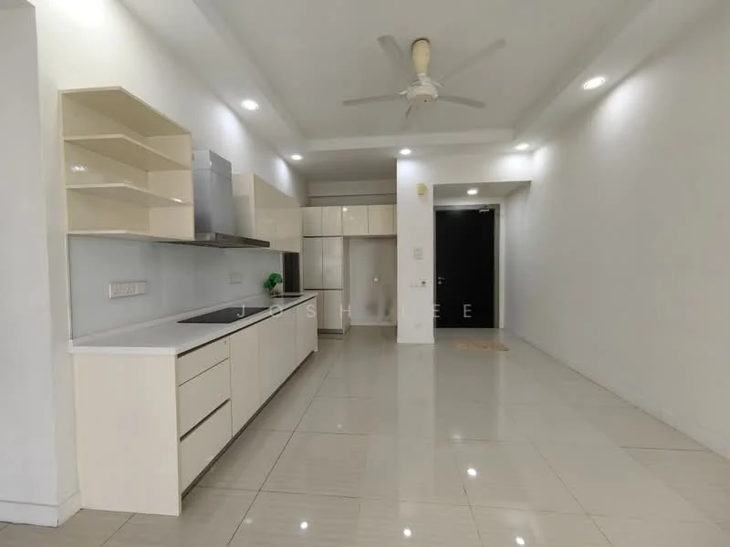 Kitchen features: white cabinetry, stainless-steel sink, chrome pull-down faucet, white quartz countertop, built-in oven, freestanding refrigerator, ceramic tile flooring, ceiling fan, recessed LED downlights, open shelving; style: modern. Living features: white painted walls, ceramic tile flooring, ceiling fan, recessed LED downlights, open layout; style: modern.