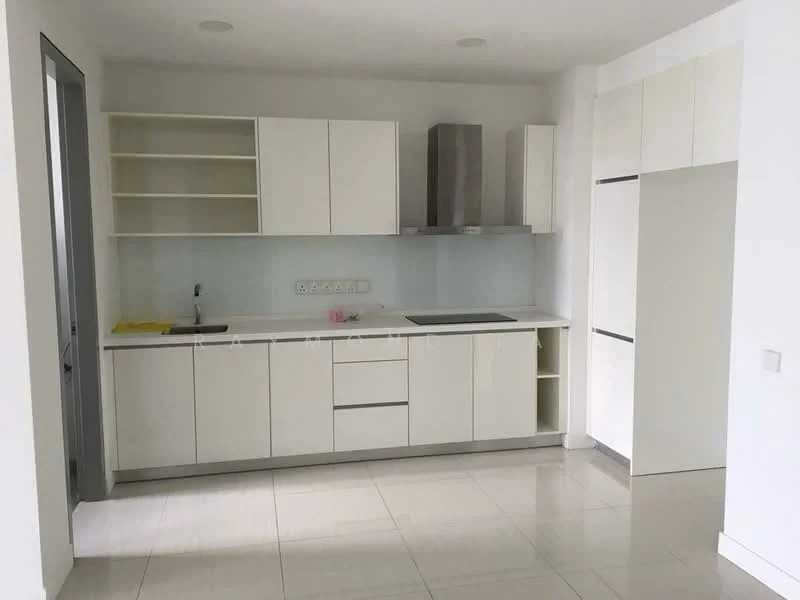Kitchen features: white cabinetry, stainless-steel sink, chrome pull-down faucet, white countertop, built-in oven, freestanding fridge, ceramic tile flooring, white backsplash, open shelving, under-cabinet lighting, recessed downlights; style: modern.