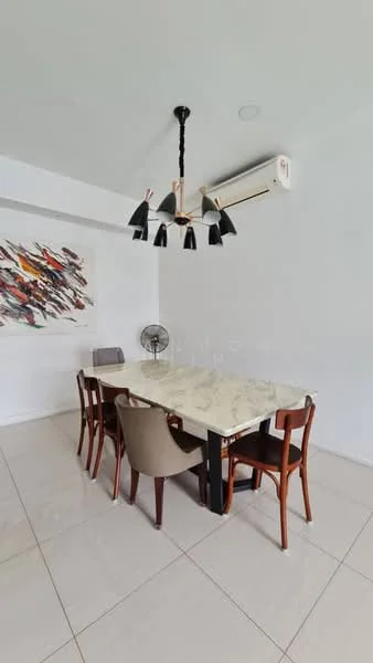 Dining features: marble dining table, 6-seater dining table, wooden dining chairs, upholstered dining chair, chandelier with black shades, wall-mounted air conditioning unit, white painted walls, ceramic tile flooring, decorative artwork on wall, ceiling fan; style: modern.