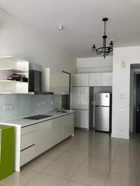 Kitchen features: white cabinetry, green accent cabinet, stainless-steel refrigerator, built-in oven, ceramic cooktop, grey backsplash, white countertop, pendant light fixture, wall-mounted range hood, tile flooring, open shelving; style: modern.
