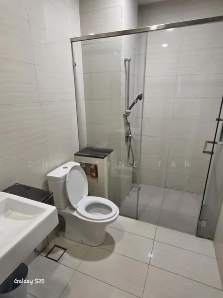 Bathroom features: white tiled walls, grey floor tiles, glass shower enclosure, rain shower head, handheld shower, single-sink vanity with white countertop, white toilet, chrome basin mixer, built-in storage, mirror above sink; style: modern.