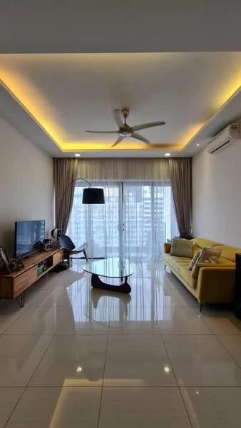 Living features: 3-seater fabric sofa in yellow, glass coffee table, wooden TV console, wall-mounted TV, floor-to-ceiling windows, sheer curtains, recessed LED downlights, 5-blade ceiling fan with light, polished ceramic tile flooring, decorative wall with crown moulding, area rug, decorative lamp; style: modern; view: city.