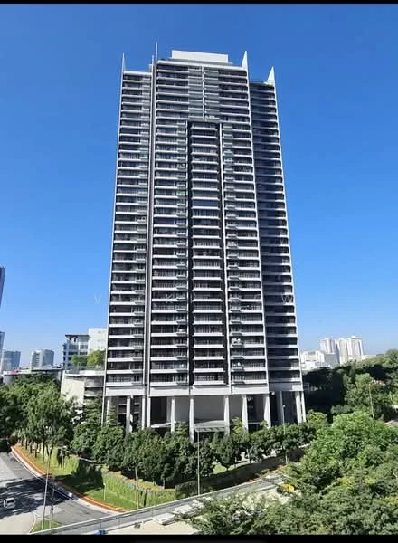 Exterior type: high-rise condominium; features: glass curtain wall, white painted facade, recessed balconies, vertical fins, approximately 20-storey high-rise, manicured lawn, surrounded by mature greenery; style: modern.