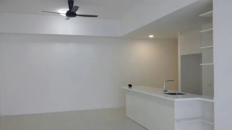 Kitchen features: white painted walls, ceiling fan, recessed downlights, white cabinetry, kitchen island, single-bowl stainless-steel sink, countertop with overhang, tile flooring; style: modern.