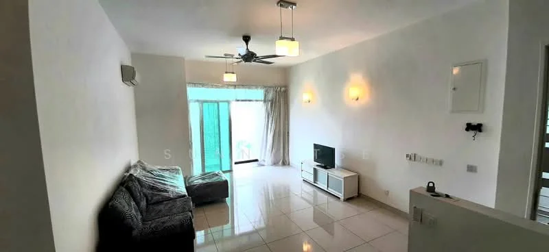 Living features: white painted walls, glossy tile flooring, 5-blade ceiling fan with light, sofa in grey fabric, coffee table, wall-mounted TV, TV console in white, floor-to-ceiling sliding glass door, curtains, recessed downlights; style: modern.