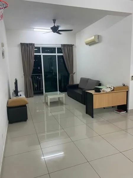 Living features: grey fabric sofa, coffee table, TV console, wall-mounted TV, ceiling fan with light, wall-mounted air conditioning unit, floor-to-ceiling windows, curtains, glossy tile flooring, decorative wall, light switch, open layout; style: modern; view: city.