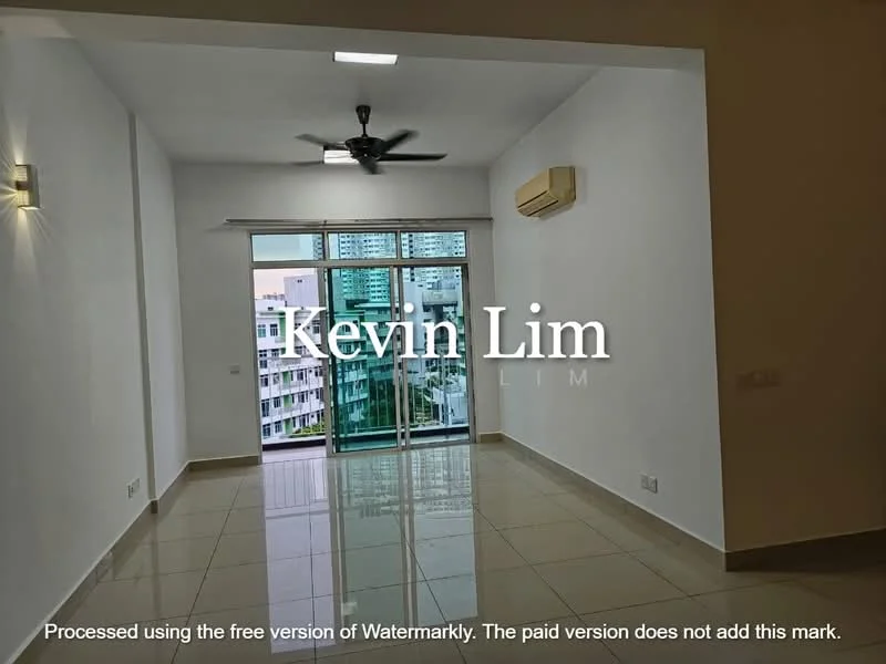 Living features: white painted walls, glossy ceramic tile flooring, 5-blade ceiling fan with light, floor-to-ceiling windows, sliding glass door, air conditioning unit, wall-mounted light fixtures, natural light from windows; style: modern; view: city.