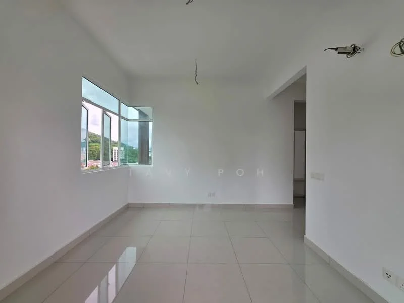 Room features: white painted walls, floor-to-ceiling windows, grey tile flooring, no visible ceiling fixtures, natural light from windows, unfurnished space, minimalist design, mountain view visible through windows; style: minimalist; view: mountain.