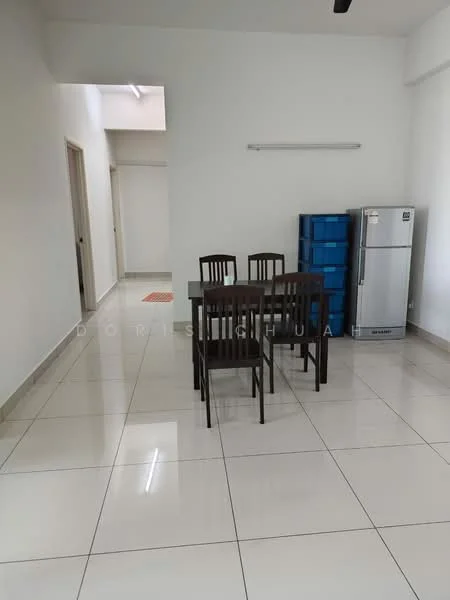 Dining features: white painted walls, glossy ceramic tile flooring, 4-seater dining table in dark wood, 4 dining chairs in dark wood, stainless-steel fridge, blue plastic storage boxes, recessed ceiling lights; style: modern. Room features: white painted walls, glossy ceramic tile flooring, doorway leading to another room.