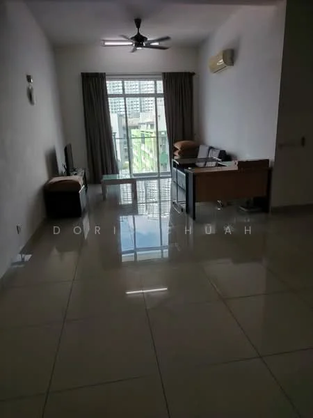 Living features: white painted walls, polished ceramic tile flooring, 5-blade ceiling fan, floor-to-ceiling windows, sliding glass door, curtains, TV console, coffee table, sofa, desk with chair, air conditioning unit; style: modern; view: city.