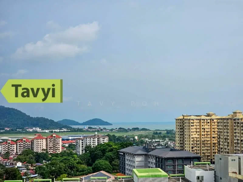 Exterior type: high-rise condominium; features: city skyline view, sea view, surrounded by greenery, multiple high-rise buildings, mature trees in foreground, blue sky with clouds; style: modern.
