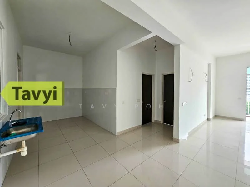 Room features: white painted walls, cream tiled flooring, single-bowl sink, kitchen cabinetry, two doors, large windows, natural light, open layout; style: modern.