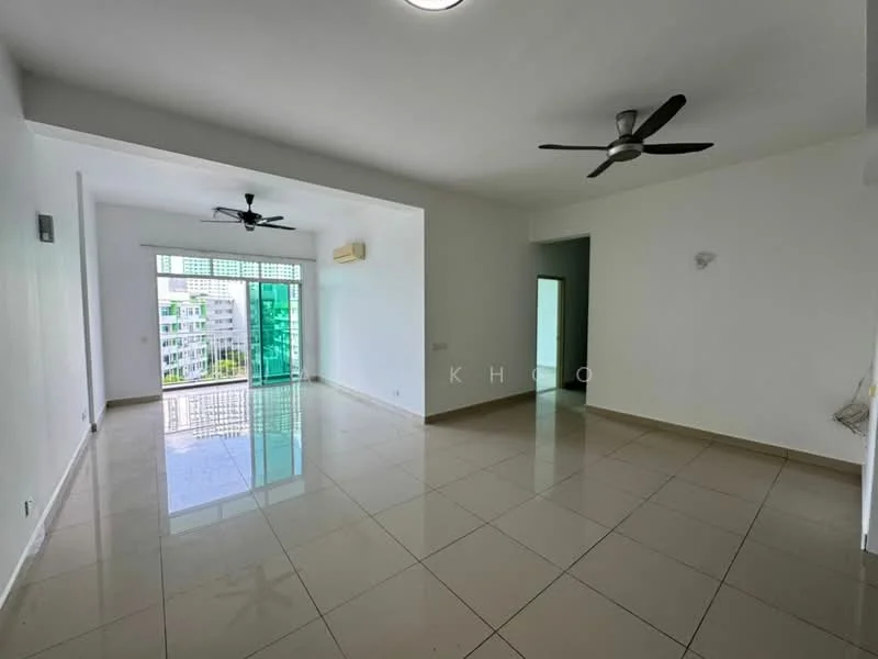 Living features: white painted walls, glossy tile flooring, 2 ceiling fans, large windows with green view, air conditioning unit, recessed ceiling lights, open layout, sliding glass door to balcony; style: modern; view: garden.