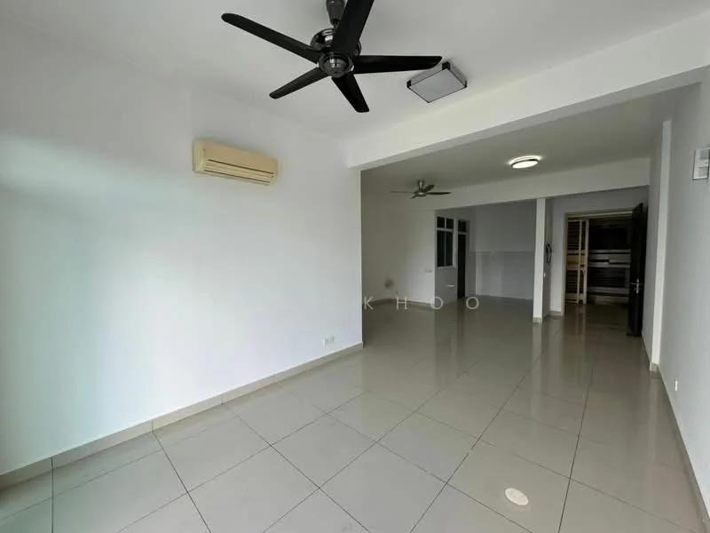 Living features: white painted walls, glossy ceramic tile flooring, 5-blade ceiling fan, wall-mounted split AC, recessed ceiling lights, large windows, neutral color scheme, open layout; style: modern.