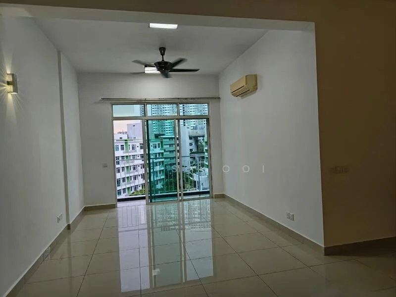 Living features: white painted walls, glossy ceramic tile flooring, 5-blade ceiling fan with light, floor-to-ceiling windows, sliding glass door, air conditioning unit, natural light from windows, neutral color scheme; style: modern; view: city.