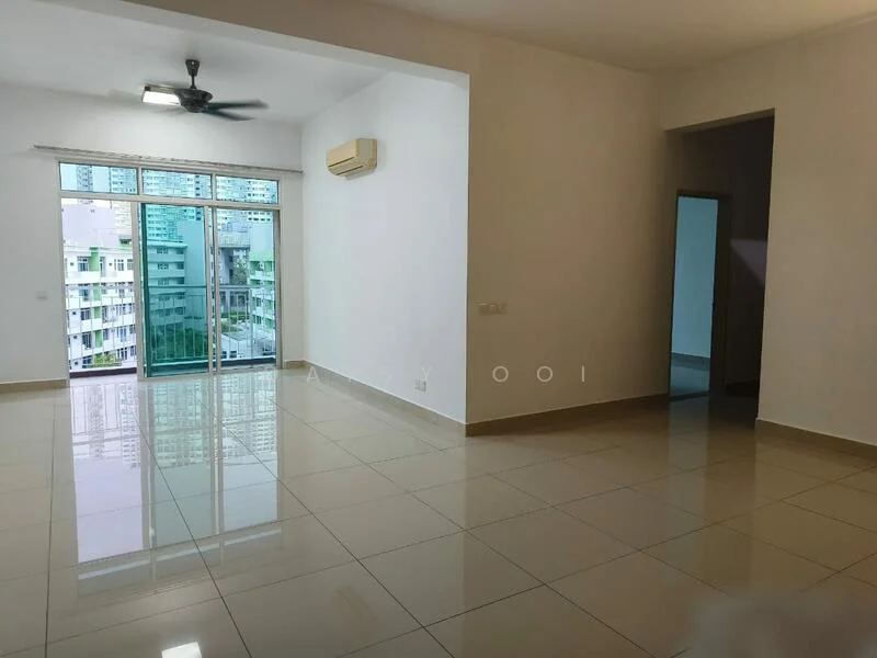 Living features: white painted walls, glossy ceramic tile flooring, 5-blade ceiling fan with light, floor-to-ceiling windows, sliding glass door, air conditioning unit, natural light from windows, neutral color scheme; style: modern; view: city.