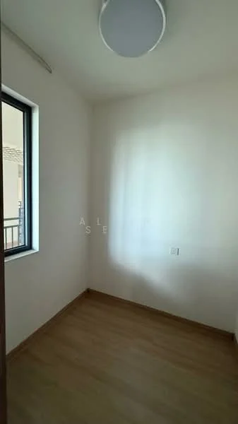 Room features: white painted walls, wooden flooring, single ceiling light fixture, window with black frame.