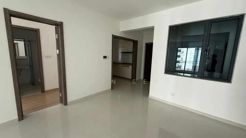 Room features: white painted walls, light-colored laminate flooring, large window with black frame, doorway leading to another room, doorway leading to bathroom, neutral ceiling, no visible furniture, open layout; style: modern.