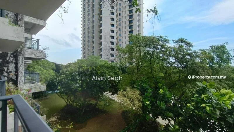 Room features: balcony with railing, view of greenery, view of high-rise building, surrounding trees, partially shaded area; view: garden.