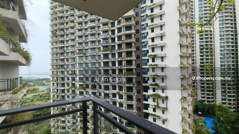 Exterior type: high-rise condominium; features: glass curtain wall, balconies with planters, surrounding greenery, city skyline view, swimming pool visible in the distance, multiple storeys, modern architectural design; style: modern.