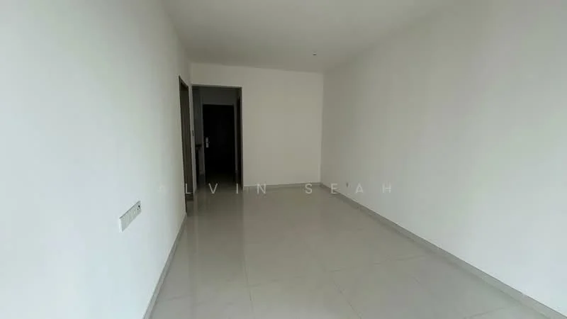 Room features: white painted walls, grey tiled flooring, single door, door frame, light ceiling, no visible furniture, neutral color scheme, open space; style: modern.