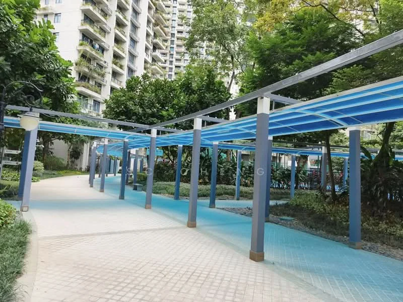 Exterior type: landscape garden; features: paved walkway, blue overhead trellis, green landscaping, mature trees, bushes and shrubs, outdoor lighting fixtures, surrounding residential buildings; style: modern.