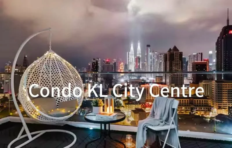 Balcony features: hanging rattan chair, small round side table, city skyline view, outdoor lighting, decorative cushions, glass railing, wooden flooring, potted plants; style: modern; view: city.