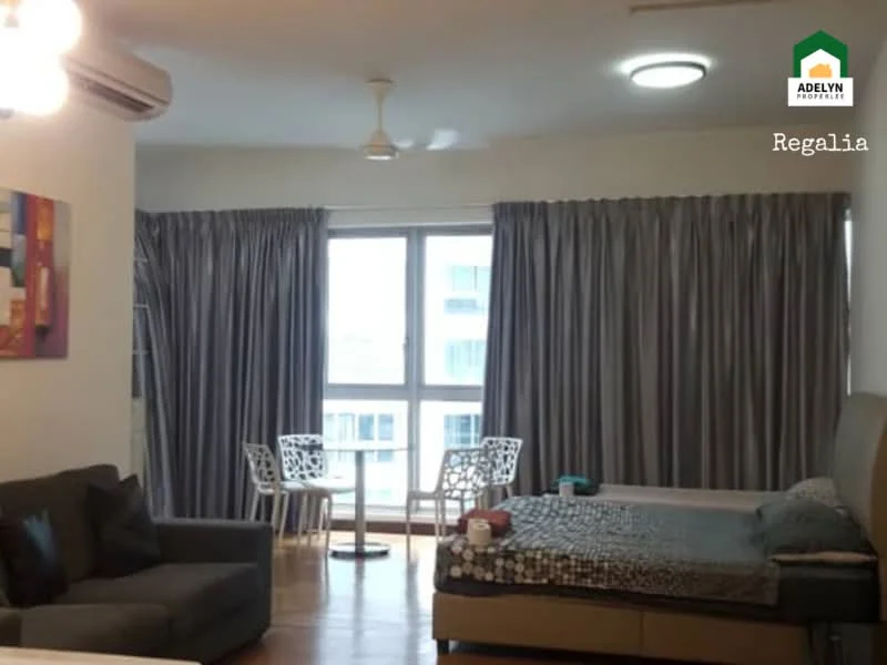 Living features: floor-to-ceiling windows, grey curtains, 3-blade ceiling fan, recessed downlights, sofa in grey fabric, dining table for two, white dining chairs, wooden flooring, bed with grey bedding, decorative wall art; style: modern; view: city.