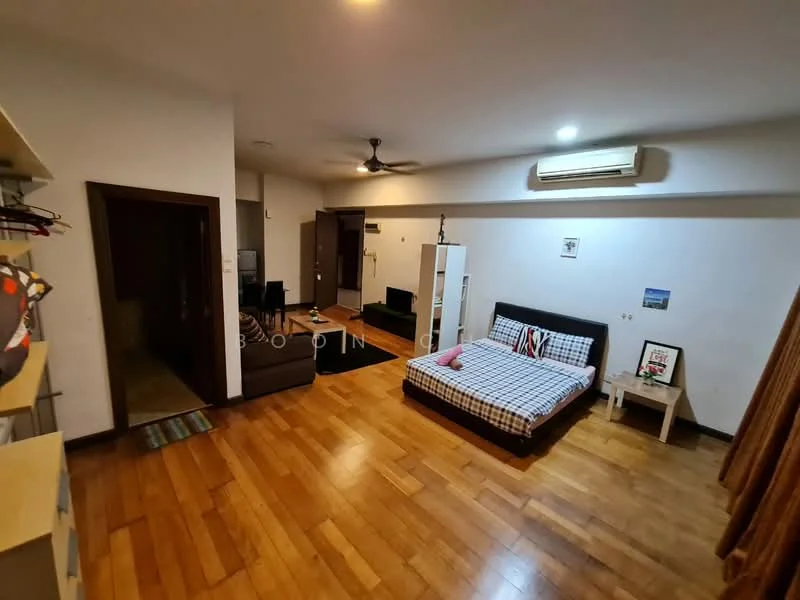 Living features: wooden flooring, ceiling fan, wall-mounted air conditioning unit, black bed frame with mattress, plaid bedspread, white side table, decorative wall art, open shelving unit, sofa in dark color, TV console, area rug, curtains, light-colored walls; style: modern. Room features: wooden flooring, light-colored walls, doorway leading to another room.