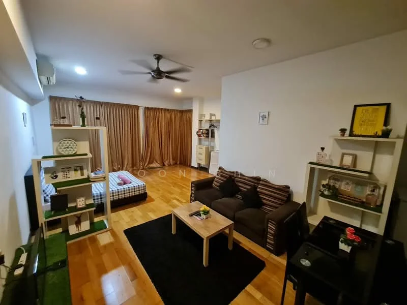 Living features: 3-seater fabric sofa in dark brown, 2-seater fabric sofa in striped pattern, coffee table, TV console, wall-mounted TV, wooden flooring, ceiling fan, curtains, decorative shelving unit, decorative plants, framed artwork, area rug; style: modern. Room features: bed with checkered bedding, decorative pillows, shelving unit, wooden flooring.