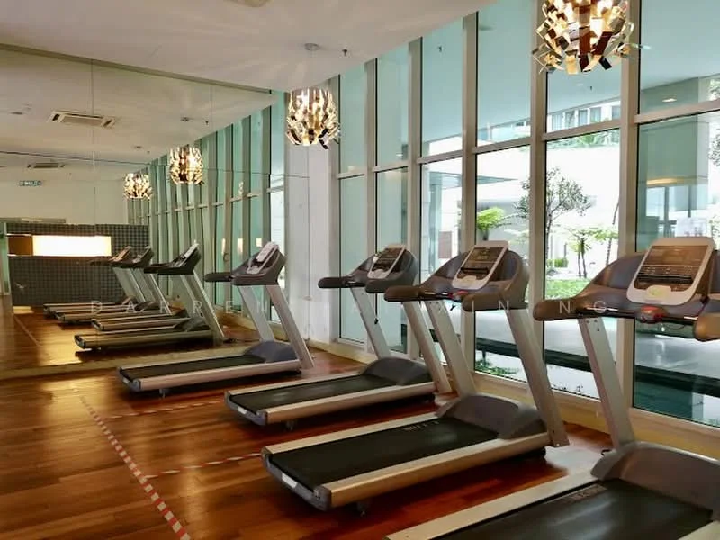 Room features: treadmills, wooden flooring, large windows, mirrored wall, modern light fixtures, greenery view outside, air conditioning unit, fitness area; style: modern; view: garden.