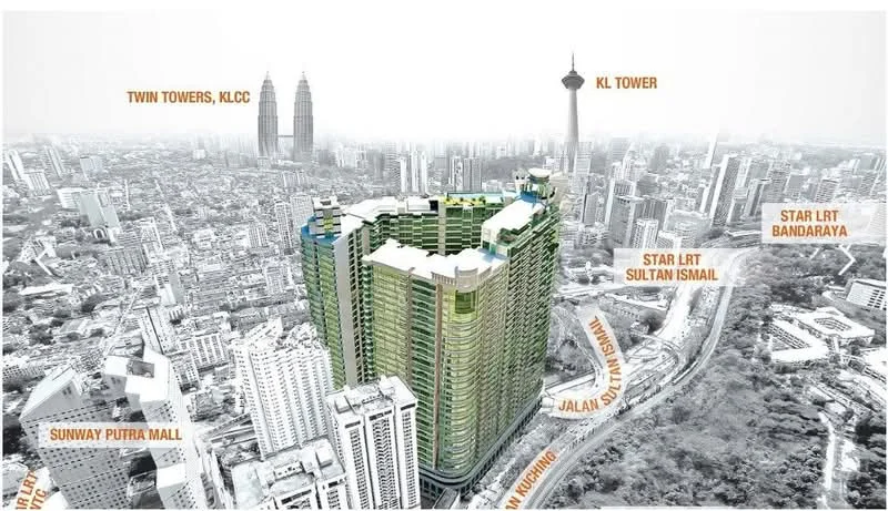 Exterior type: high-rise condominium; features: glass curtain wall, green balconies, multiple projecting balconies, surrounded by urban landscape, proximity to KL Tower, view of Twin Towers, visible city skyline, adjacent to major roads; style: modern.