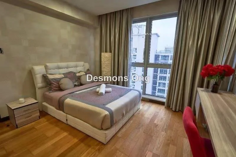 Bedroom features: queen-size bed with upholstered headboard, bedding with decorative pillows, wooden flooring, floor-to-ceiling windows, sheer curtains, table lamp on bedside table, nightstand, decorative vase with flowers, study desk with chair, wall-mounted artwork, light-colored painted walls; style: modern; view: city.