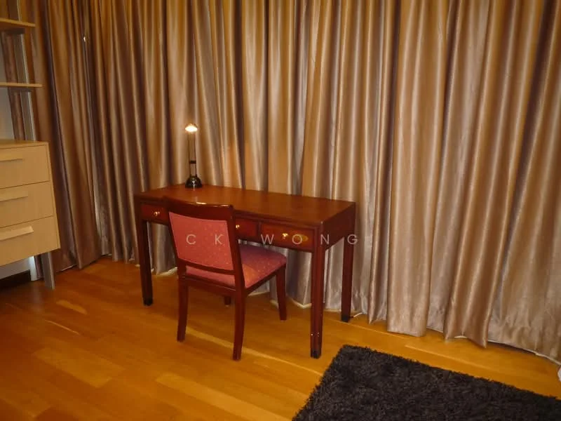 Room features: wooden desk, red upholstered chair, candle on desk, brown curtains, wooden flooring, area rug, shelving unit; style: modern.