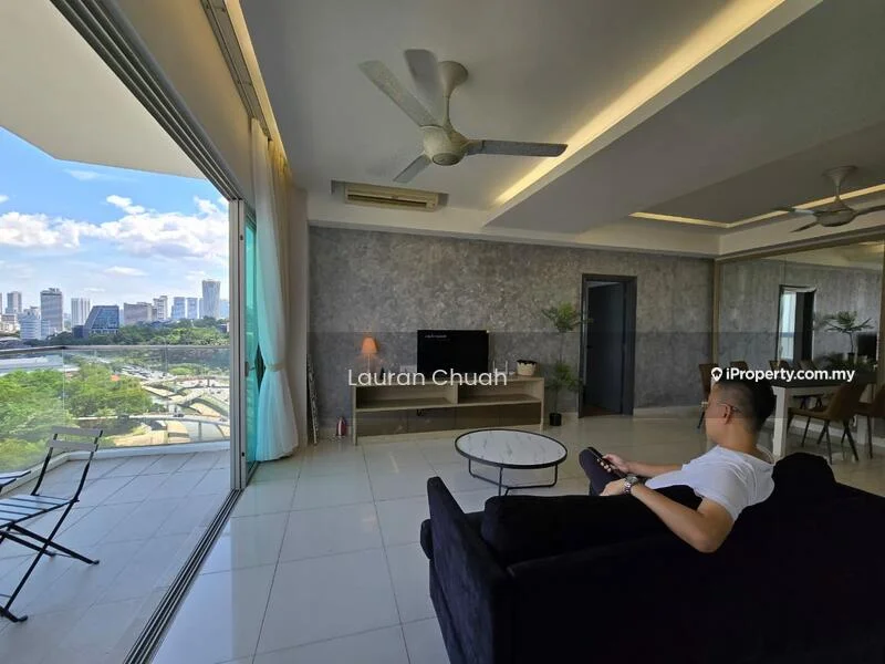 Living features: black fabric sofa, round coffee table, wall-mounted TV, floor-to-ceiling windows, city skyline view, 2 ceiling fans, recessed downlights, light grey walls, white tiled flooring, decorative plants; style: modern; view: city.